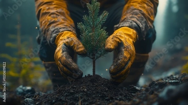 Fototapeta Close-up of a man's hands carefully planting a young spruce tree with new protective gloves. Detailed shot emphasizing the intricate, elegant process of reforestation and nature conservation.
