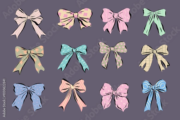 Fototapeta Vector bow ribbons of different colors and patterns isolated on background.