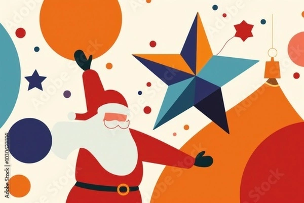 Fototapeta Abstract Christmas scene with Santa, colorful ornaments, and geometric star