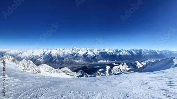 Fototapeta Expansive view of a snowy mountain landscape under a bright blue sky with fluffy clouds during the daytime in winter