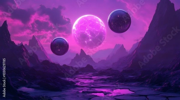 Fototapeta A surreal alien desert with retro robots and glowing spheres floating above a cracked, neon-tinted landscape under a purple sky