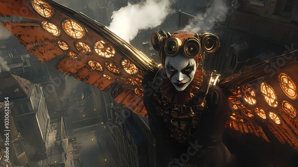 Fototapeta Generative AI, Steam and Gears: Clockwork Clown in a Mechanical Dream
