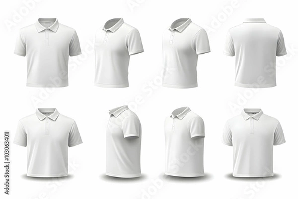 Obraz Eight realistic white polo shirts in different poses for mockup.