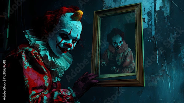 Fototapeta Generative AI, Forgotten Smiles: Clown Staring at a Happier Time
