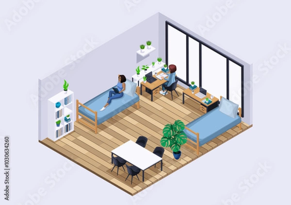 Fototapeta Isometric Characters, Personage. Large bright room in the student dormitory for girls. Students study in their room