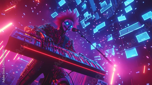 Fototapeta Generative AI, Neon Keytar Clown: The Ultimate Synthwave Performance
