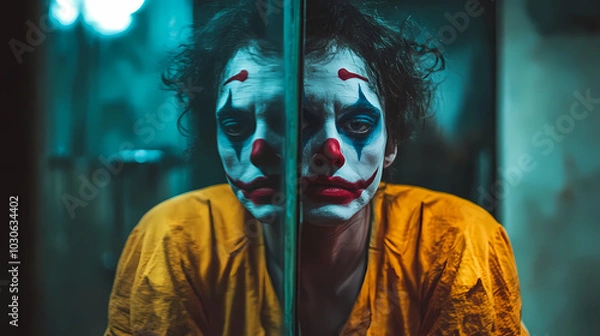Fototapeta Generative AI, Behind the Makeup: Clown Revealing Sorrow in the Mirror
