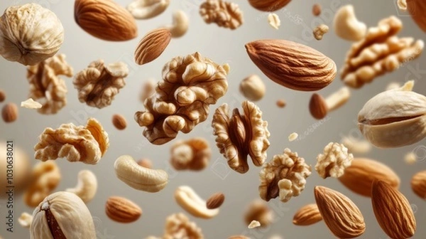Fototapeta Assortment of delicious nuts falling or flying against a gray background. High resolution image.