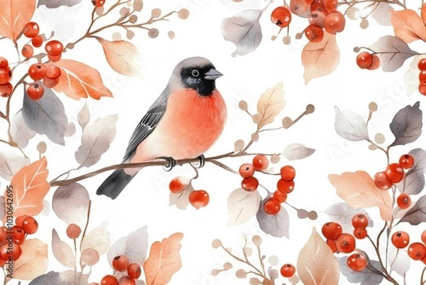 Fototapeta New Year or Christmas watercolor  card with a bird on a branch with red berries on a black background