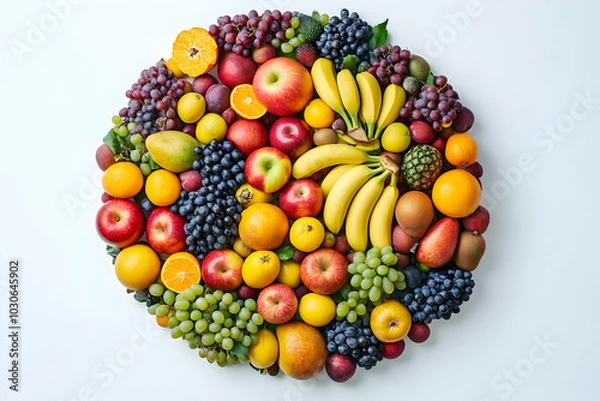 Fototapeta A circle of fresh fruit with apples, oranges, bananas, grapes and pineapple on a white background.