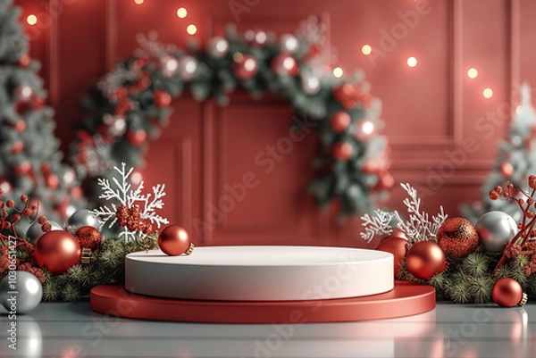 Fototapeta A white pedestal with a red base and a wreath of red and green leaves