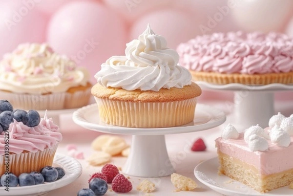 Fototapeta An aesthetically arranged dessert table featuring various treats like cupcakes and pies, each topped with a generous swirl of whipped cream, set against a soft pastel backdrop