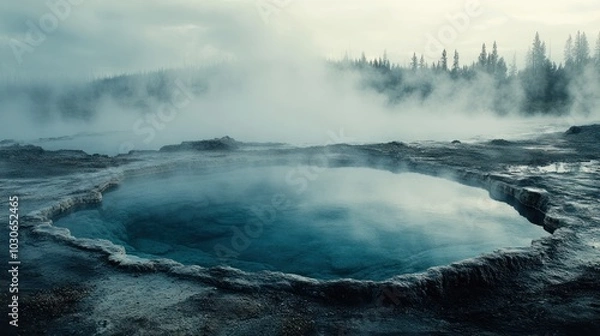 Fototapeta A steaming hot spring with blue water and fog in a natural setting.