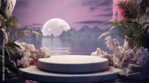 Fototapeta A white marble product podium with the moon in the background, surrounded by water and plants, rendered in a dreamy pastel color palette