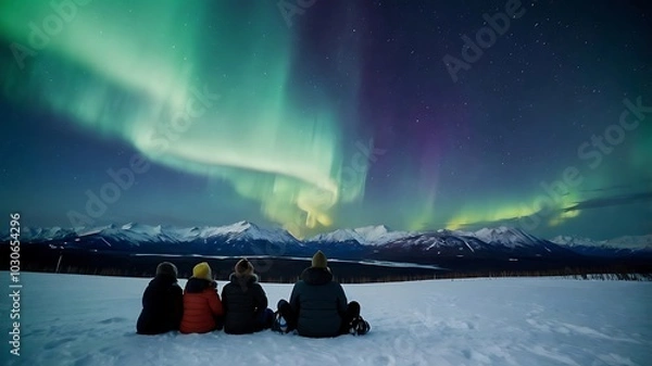 Fototapeta A group of people watch the northern lights at night against the backdrop of snowy mountains