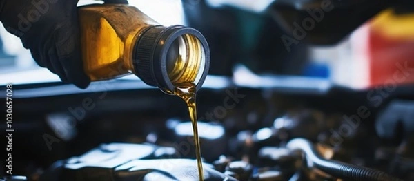 Obraz Closeup of a hand pouring engine oil into a car engine.