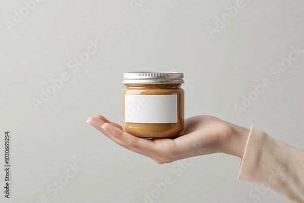 Fototapeta Small jar of peanut butter with blank label in hand, minimalistic composition on light background.