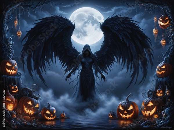 Obraz Fallen halloween angel with dark wings, Full moon background, Halloween Ghost, Dark misty 