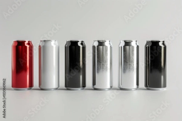 Fototapeta 3D render of aluminum slim cans in silver, white, black, and red, on an isolated white background, showcasing a beer can mockup template