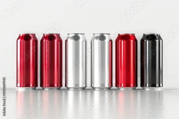 Fototapeta 3D render of aluminum slim cans in silver, white, black, and red, on an isolated white background, showcasing a beer can mockup template