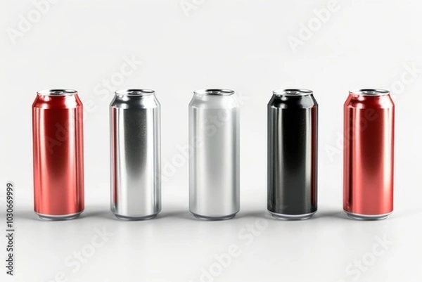 Fototapeta 3D render of aluminum slim cans in silver, white, black, and red, on an isolated white background, showcasing a beer can mockup template