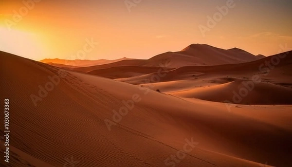 Fototapeta Golden Sunset Over Expansive Desert Dunes with Rippling Patterns and Distant Mountains in Silhouette. Perfect for Concepts of Solitude, Nature's Majesty, and Vast Wilderness