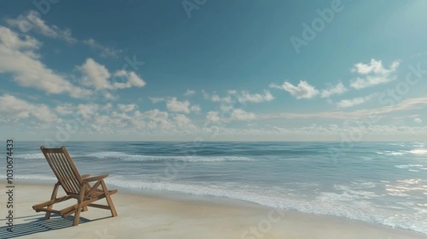 Fototapeta 30. A calm beach scene with an empty lounge chair facing the ocean