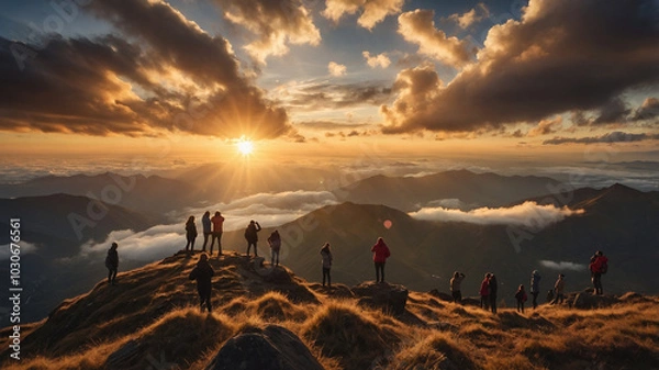 Fototapeta Group enjoying breathtaking sunrise over mountains with striking cloud formations above horizon.
