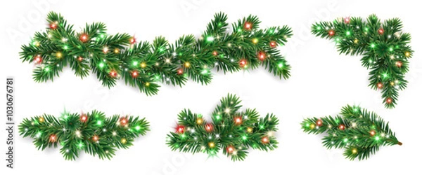 Obraz Christmas tree branches. Holiday fir tree divider decoration. Winter season borders, realistic spruce twigs with glowing Christmas lights. Transparent background in vector file.