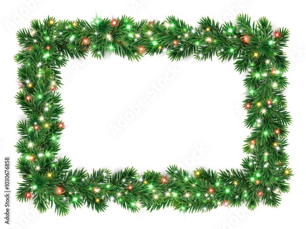 Fototapeta Christmas wreath with glowing Christmas lights. Christmas tree decoration. Holiday fir tree garland. Festive winter season frame, realistic spruce branches. Transparent background in vector file.