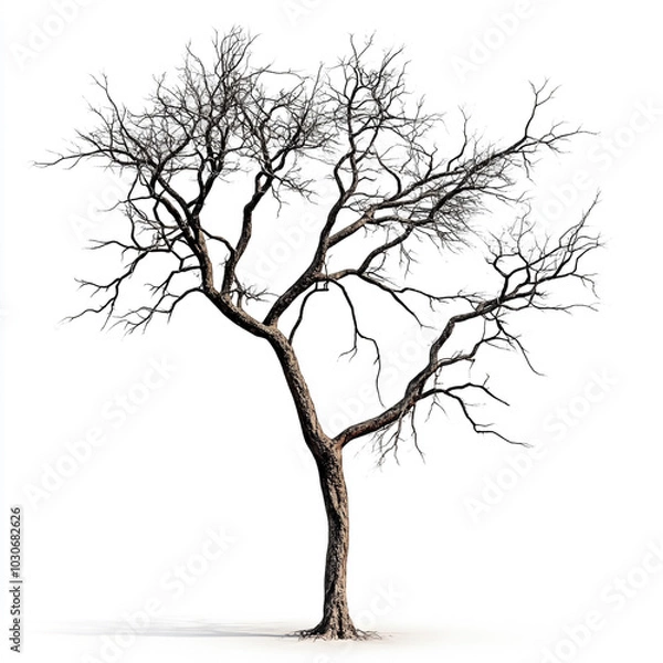 Fototapeta A tree with no leaves is standing alone on a white background.