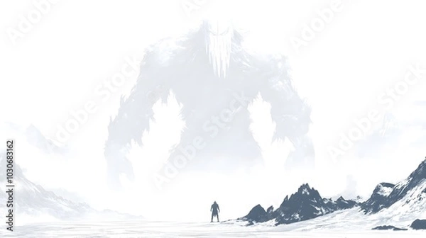 Fototapeta Towering Frost Giant Silhouette Overlooking Mountainous Landscape in Minimalist Line Art