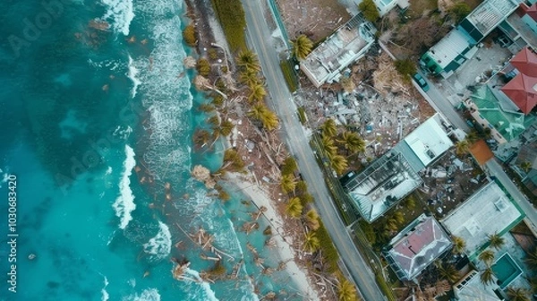 Fototapeta Aerial view of coastal town after hurricane, with uprooted trees, collapsed buildings, and debris scattered across streets, capturing the aftermath of natural disaster.