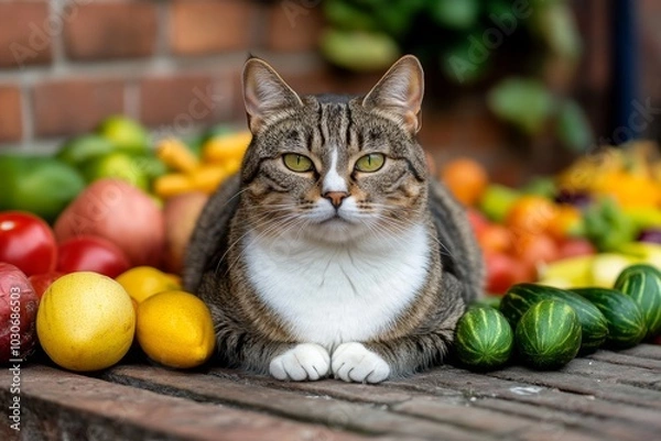 Fototapeta Seller cat sitting at a market stall, surrounded by fruits and vegetables