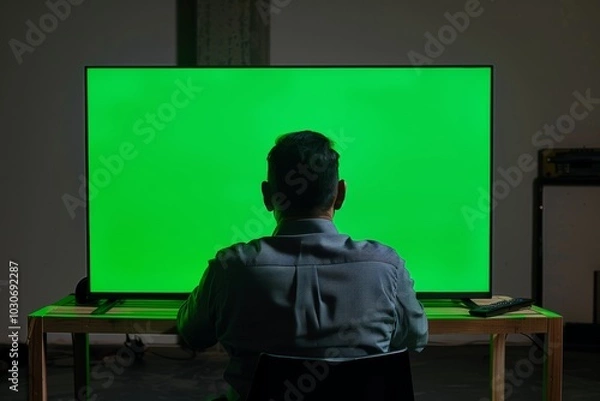 Fototapeta Display mockup man in his 40s in front of an smart-tv with a completely green screen