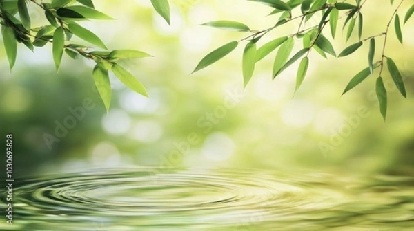 Fototapeta Serene nature background with bamboo leaves and water ripples.