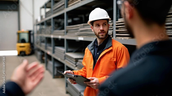 Fototapeta Warehouse supervisor discussing with team in storage area