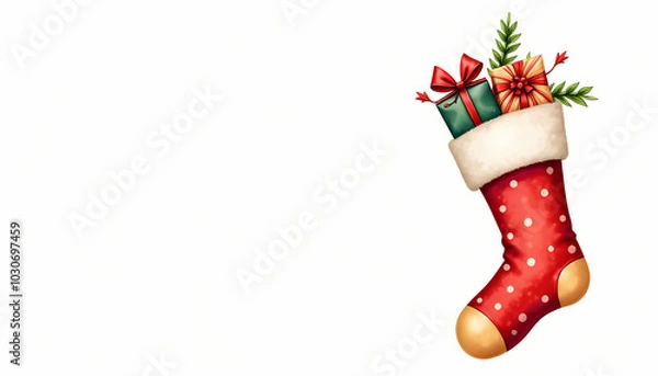 Obraz Christmas stocking with gifts on a white background with copy space, watercolor illustration, perfect for holiday cards and festive designs.