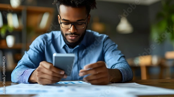 Obraz A man reviews documents while using a smartphone at a desk.