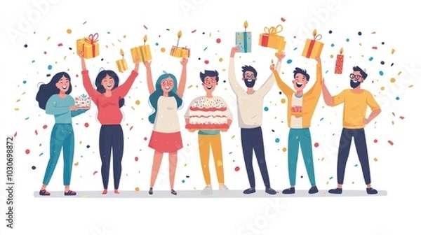 Fototapeta A group of seven friends celebrating a birthday with confetti, gifts, and a cake.