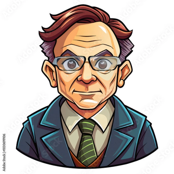 Fototapeta Cartoon character of a serious elderly man, white isolate background.