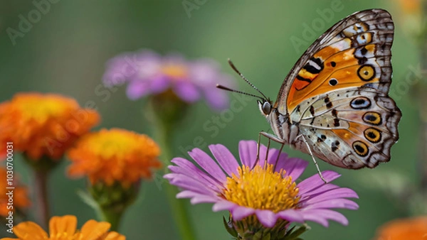 Fototapeta macro shot of a colorful butterfly resting on a vibrant flower