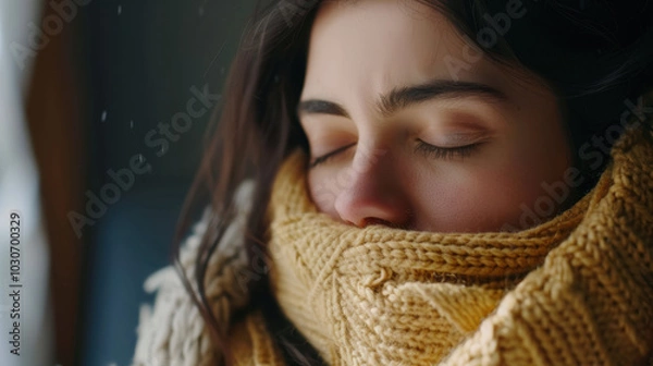 Obraz Close-up of a woman who is sick and unwell at home with a cold, fever headache or migraine.