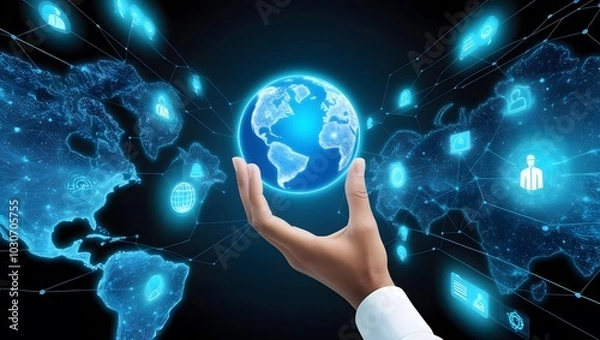 Obraz Hand holding a brilliant blue earth hologram on a dark black background. Business and innovative technology concepts. Theme Modern technology and the metaverse