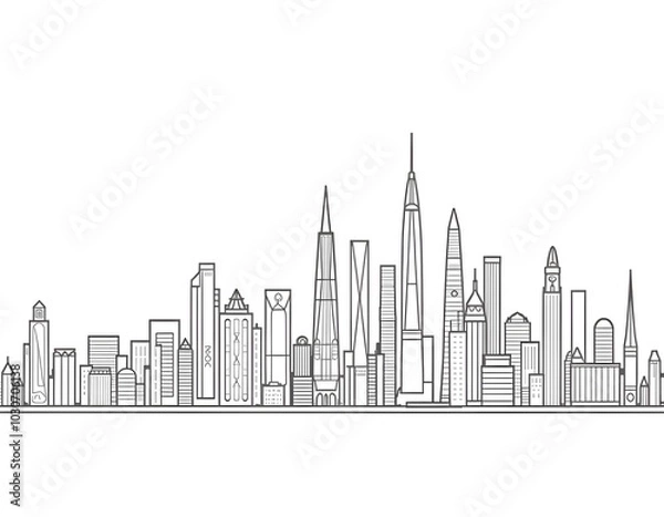 Fototapeta Modern City Skyline Line Art Illustration in Black and White
