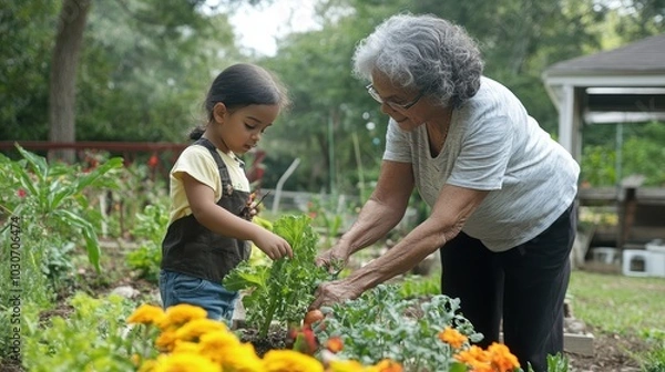 Fototapeta An elderly woman and a young girl garden together.