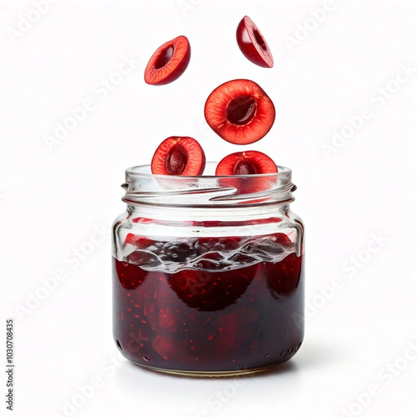 Fototapeta cherry jam jar with cherries falling on white background