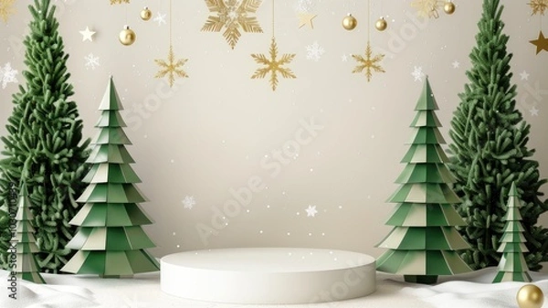 Obraz A white podium surrounded by Christmas trees and snowflakes
