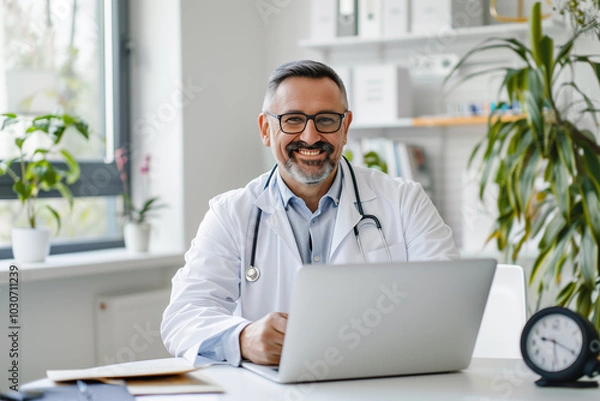 Fototapeta Confident doctor using a laptop in a well-lit office, enhancing patient engagement and medical services through digital healthcare technology