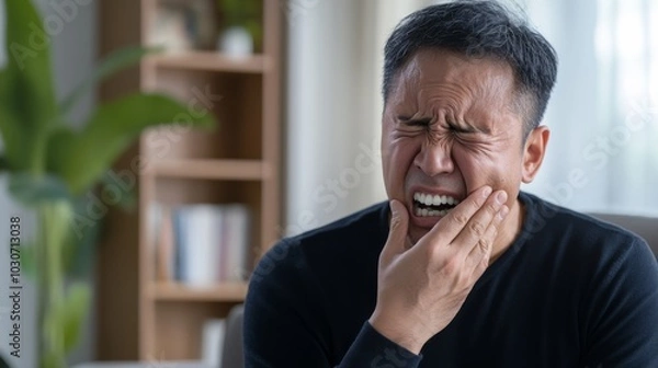 Fototapeta A man sitting at home, holding his jaw in pain due to a toothache, showing discomfort and distress in a home environment..
